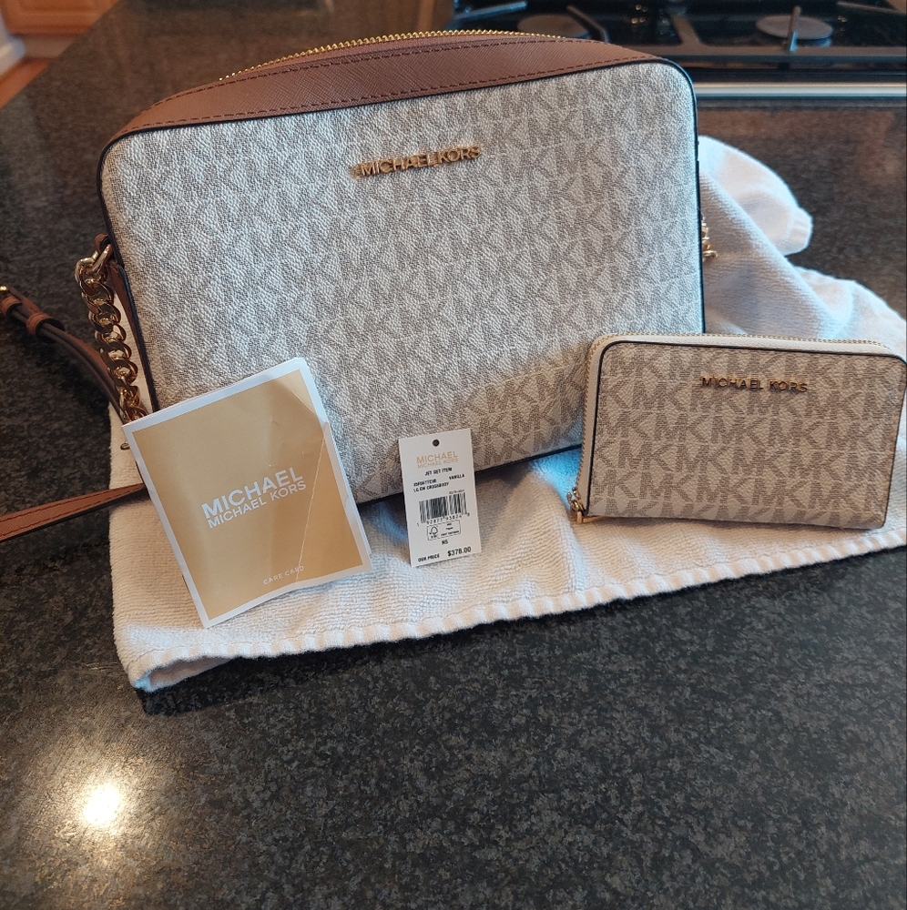 Michael Kors Crossbody Bag with Wallet  Brown And Cream Bundle